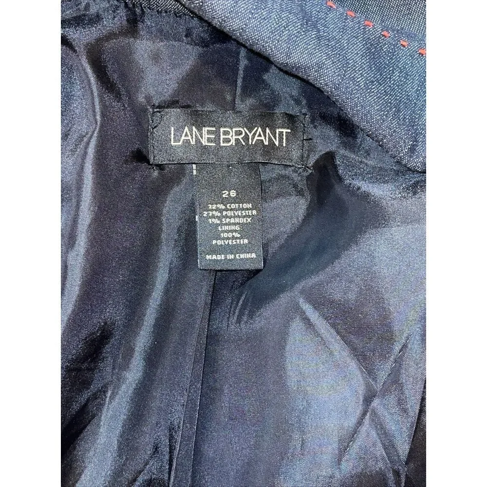Lane Bryant Blazer Women 26‎ Dark Chambray Embroidered Red Stitched Peak Lapel